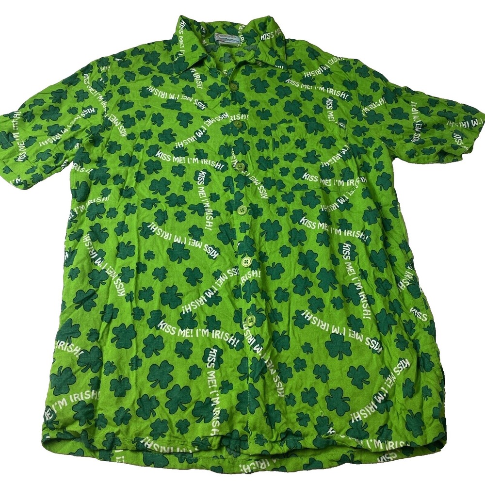 Vtg OTC Shirt Button up St Patricks Day Kiss Me Irish Mens L Green Lucky Clover